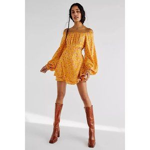 NWT Free People Jeal Golden Yellow Printed Off The Shoulder Mini Dress - Large